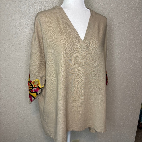 Natori Beige Tan Embroidery Linen V-Neck Dolman Sleeve Tunic Top Women's Size L - Picture 8 of 17